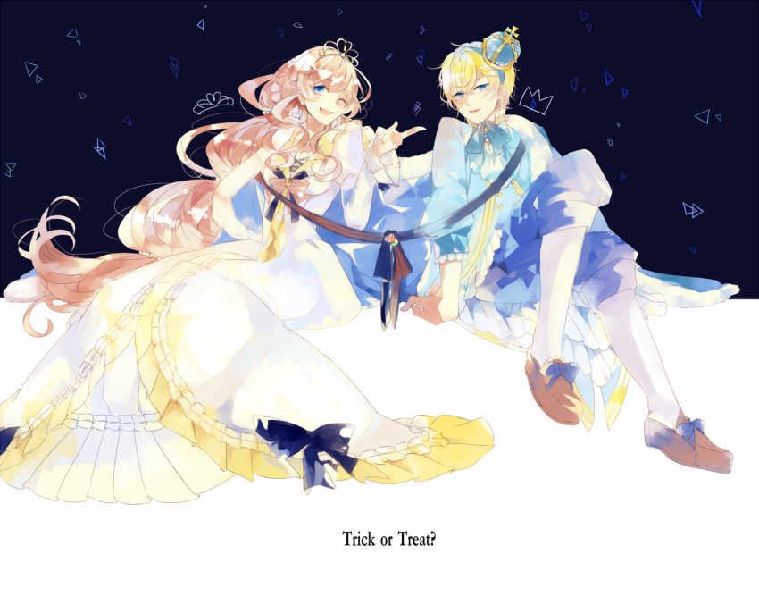 1boy, 1girl, alice_(taishou_x_alice), arisu_yurika, blonde_hair, blue_eyes, blue_pants, blue_shirt