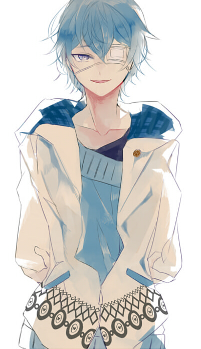 1boy, black_shirt, blue_eyes, blue_hair, blue_sweater, eyepatch, hinose_takeru, hood