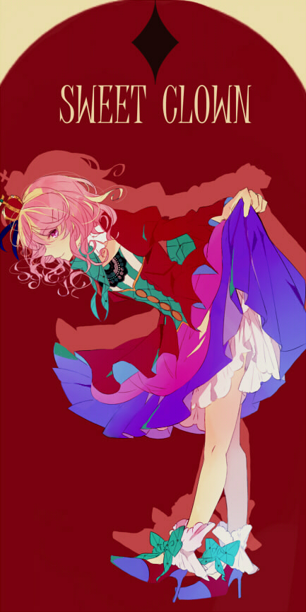 1girl, copyright_name, crown, dress, facing_down, high_heels, kashino_zakuro, long_sleeves