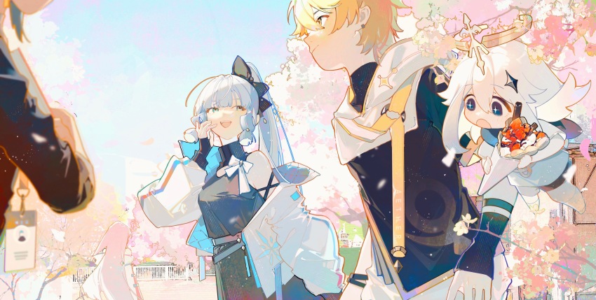 +_+, 2boys, 3girls, :d, absurdres, aether_(genshin_impact), alternate_costume, arm_warmers