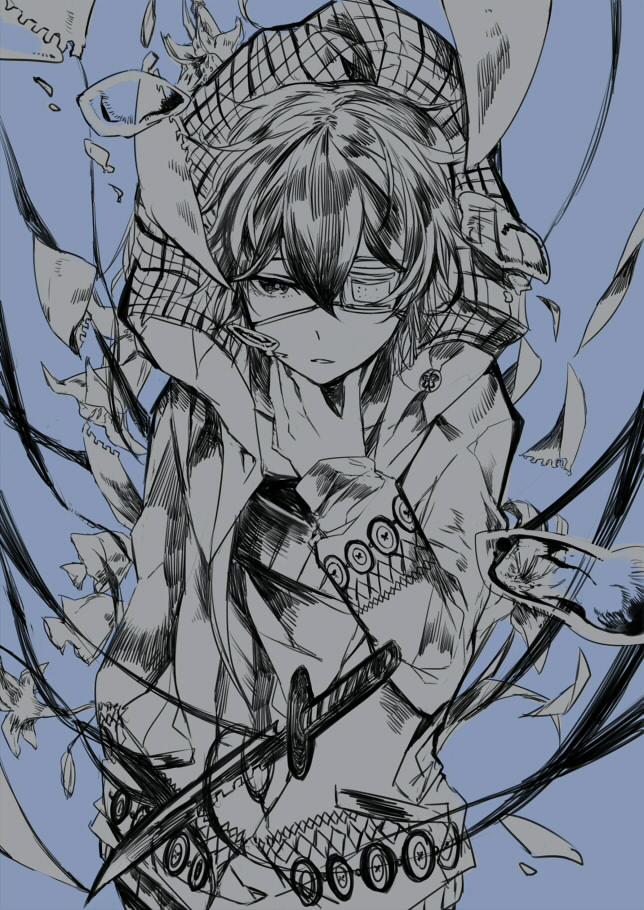 1boy, blue_background, eyepatch, greyscale_with_colored_background, hinose_takeru, hood, hood_down, hoodie