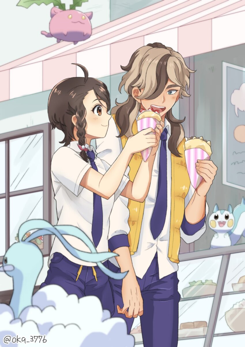 1boy, 1girl, :d, ahoge, altaria, arven_(pokemon), blush, braid
