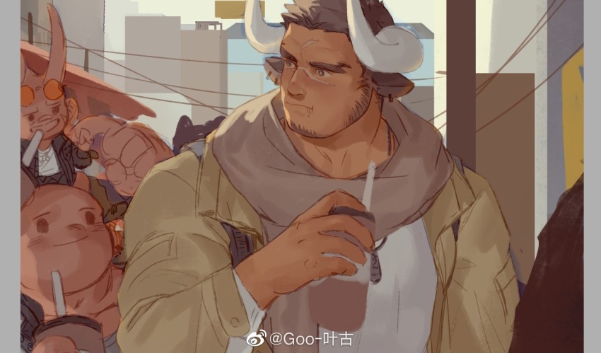 3boys, alternate_costume, animal_ears, bald, bara, blush, bright_pupils, brown_hair