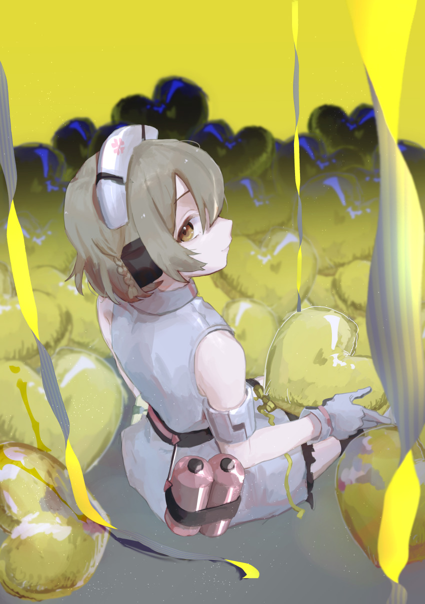 1girl, absurdres, armlet, balloon, bare_shoulders, belt, biyobiyoyan, black_belt, black_gloves, braid, canister, closed_mouth, collared_dress, dress, gloves, hair_between_eyes, hat, headset, heart_balloon, highres, holding, holding_balloon, jewelry, light_brown_hair, looking_at_viewer, looking_back, looking_up, nurse, nurse_cap, nurse_robot_type_t, on_floor, orange_eyes, profile, short_dress, short_hair, side_braid, sitting, sleeveless, sleeveless_dress, smile, solo, streamers, two-tone_gloves, utau, white_dress, white_gloves, yellow_background, yellow_theme