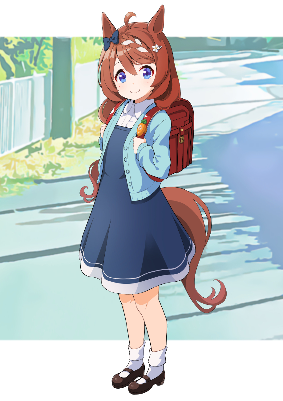 1girl, aged_down, ahoge, animal_ears, backpack, bag, black_shoes, blue_dress