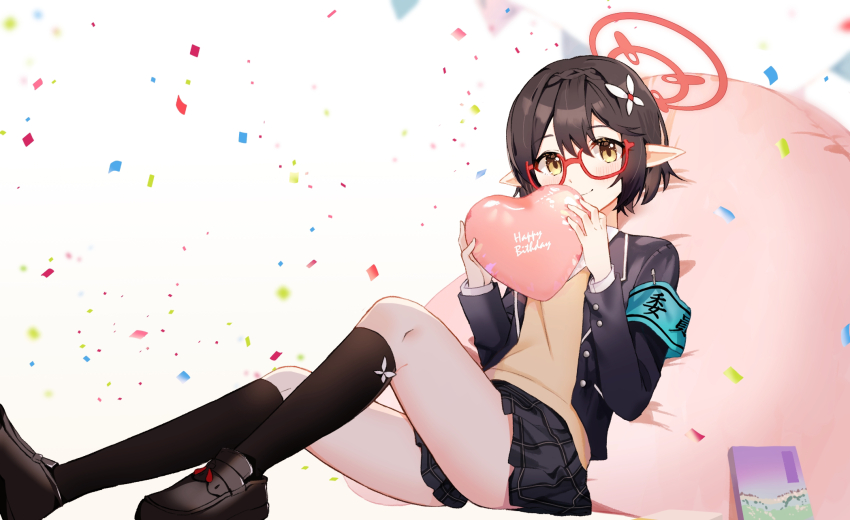 1girl, armband, ayane_(blue_archive), azisai, balloon, bean_bag_chair, black_hair, black_jacket