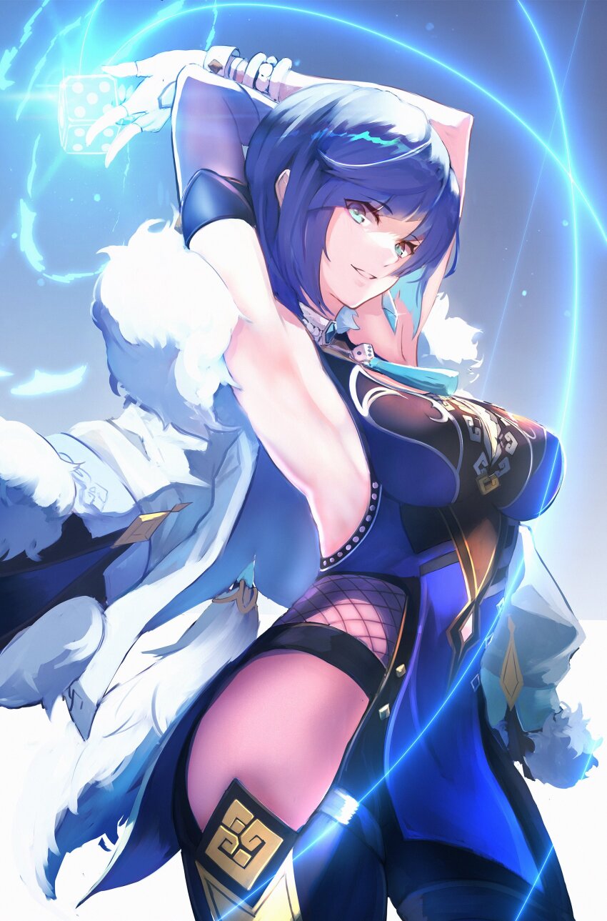 1girl, absurdres, armpits, asymmetrical_gloves, bare_shoulders, bead_choker, blue_dress, blue_hair, bob_cut, breasts, diagonal_bangs, dice, dress, elbow_gloves, feather-trimmed_jacket, feather_collar, fur-trimmed_jacket, fur_trim, genshin_impact, gloves, green_eyes, highres, jacket, jacket_on_shoulders, large_breasts, mismatched_gloves, multicolored_hair, neck_tassel, pelvic_curtain, short_hair, single_elbow_glove, tassel, tassel_choker, thighhighs, white_jacket, yelan_(genshin_impact), ymmt