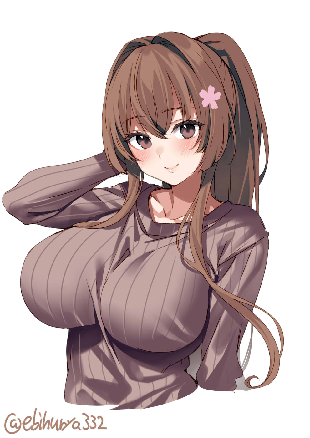 1girl, blush, breasts, brown_eyes, brown_hair, brown_sweater, closed_mouth, collarbone