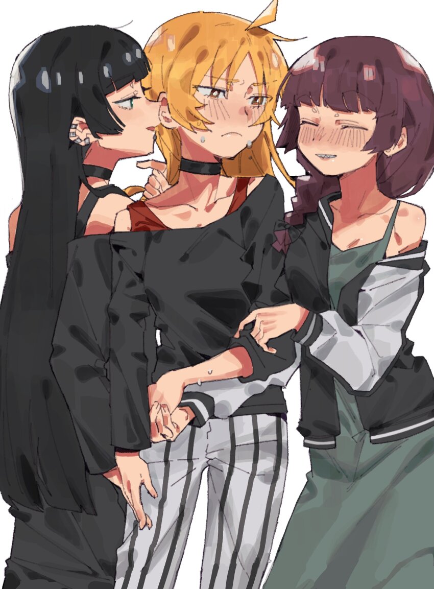 3girls, absurdres, black_bra, black_hair, black_shirt, blonde_hair, blue_eyes, blush, bocchi_the_rock!, bra, bra_strap, closed_eyes, collarbone, commentary_request, dress, ear_piercing, face_piercing, goth_fashion, green_dress, highres, hiroi_kikuri, holding_hands, ijichi_seika, labret_piercing, long_hair, multiple_girls, off-shoulder_shirt, off_shoulder, orange_eyes, pa-san, pants, parted_lips, piercing, purple_hair, red_bra, shirt, simple_background, striped_clothes, striped_pants, sweatdrop, takao_(88499191), underwear, white_background, yuri