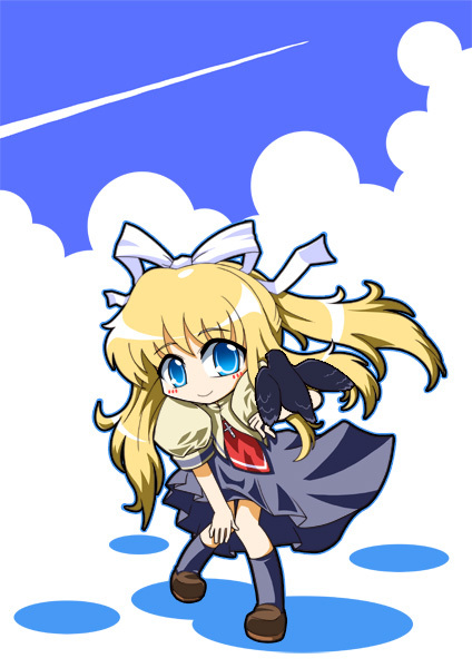 00s, air_(visual_novel), bird, blonde_hair, blue_eyes, chisato, crow, hair_ribbon