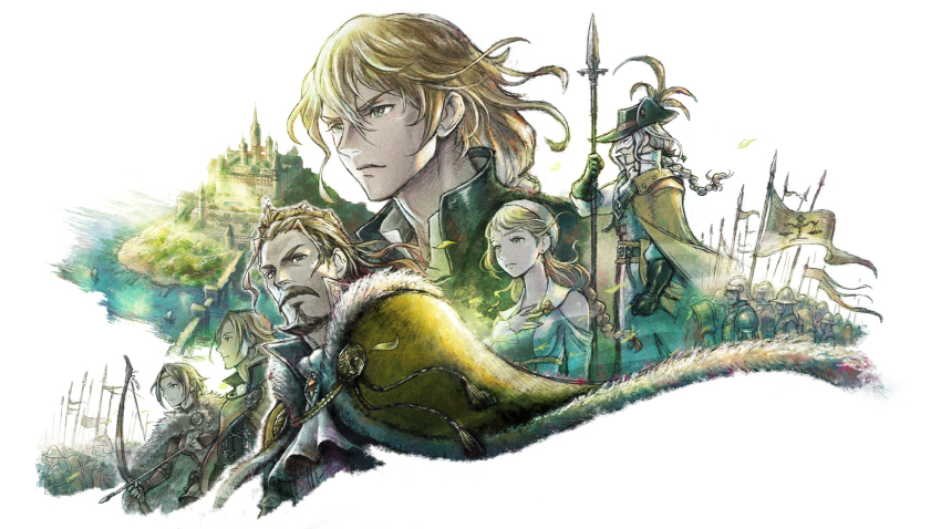 2girls, 4boys, army, arrow_(projectile), banner, beard, belt, blonde_hair