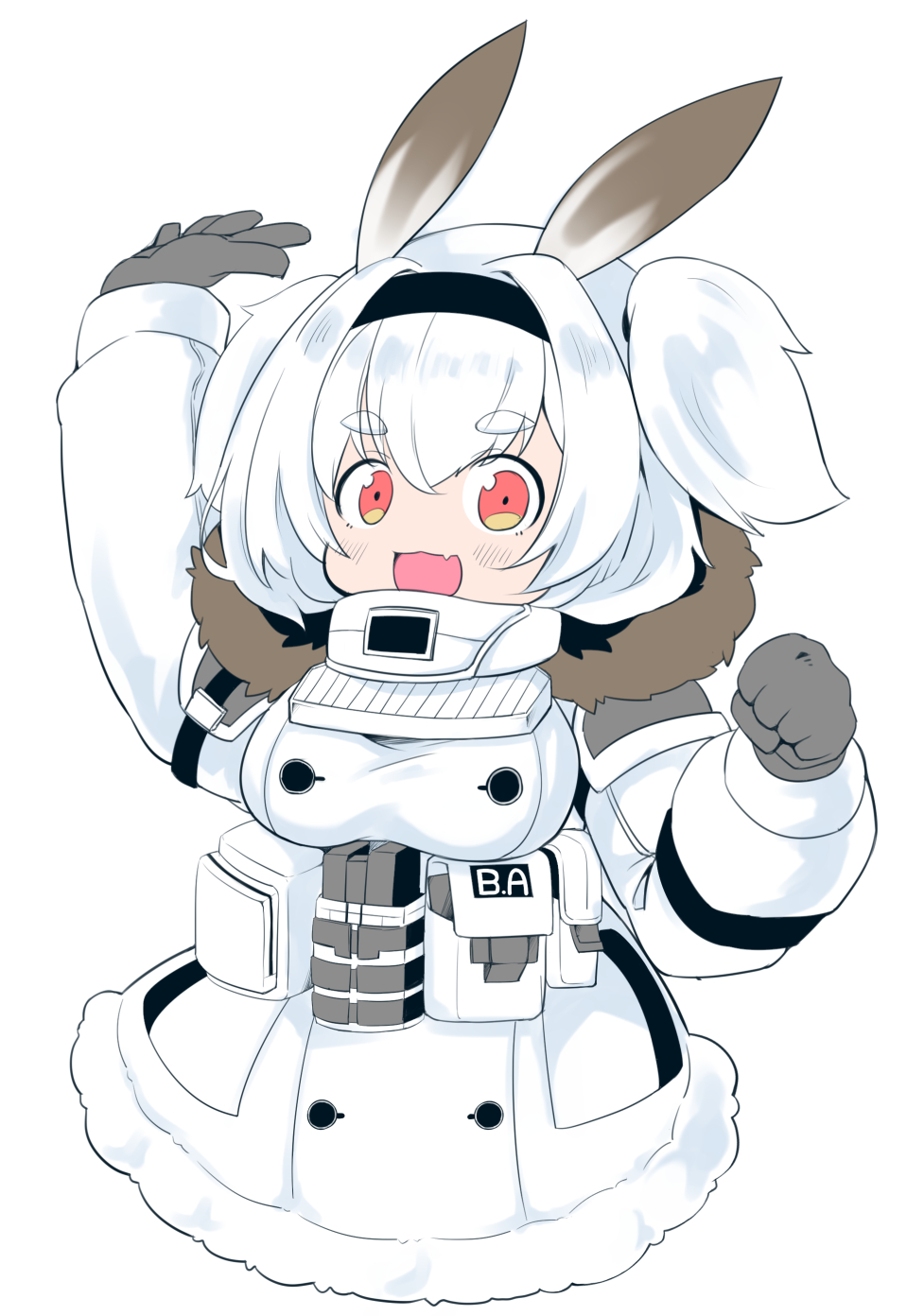 1girl, :d, alvis_(last_origin), animal_ears, black_hairband, blush, breasts, clenched_hand