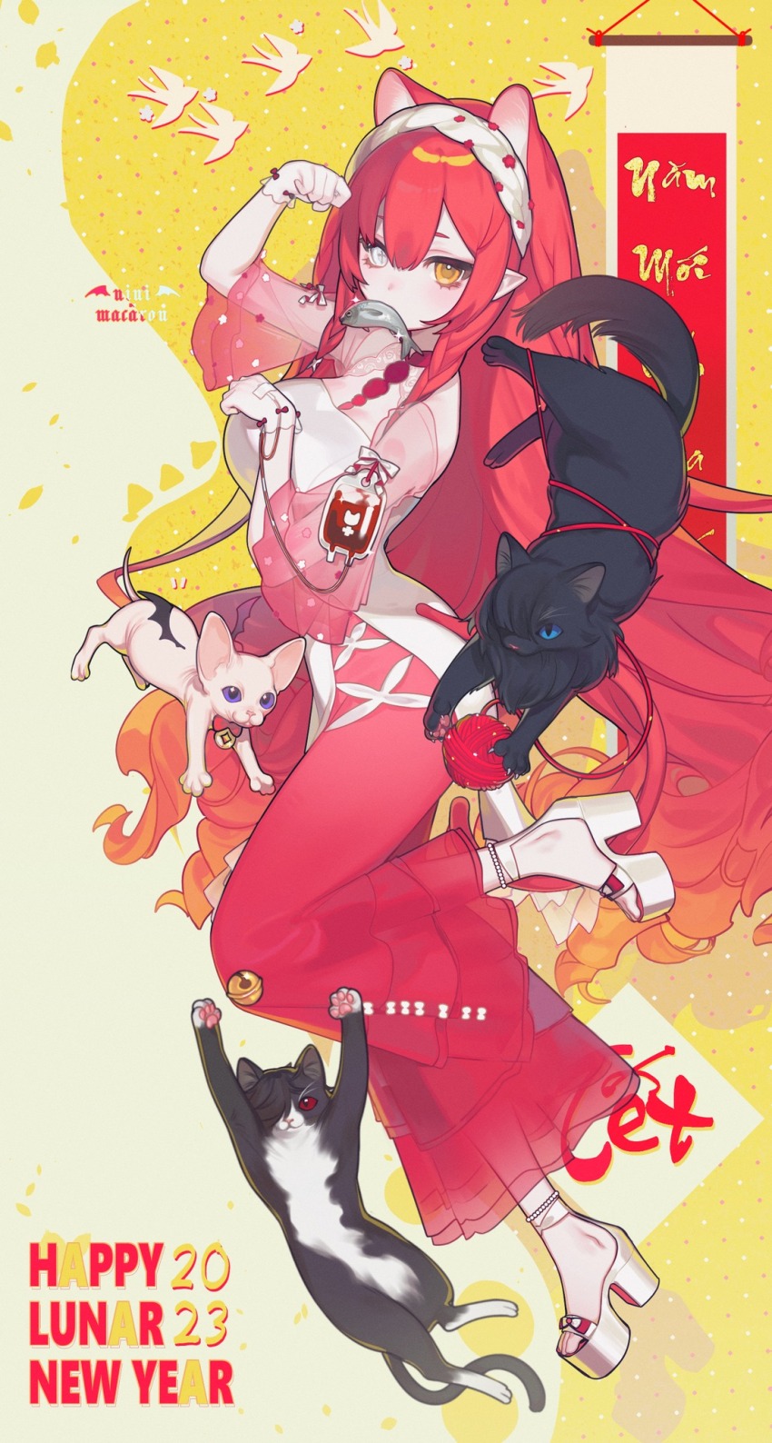 animal_ears, bat_wings, bird, blonde_hair, blunt_bangs, braid, cat, cat_ears