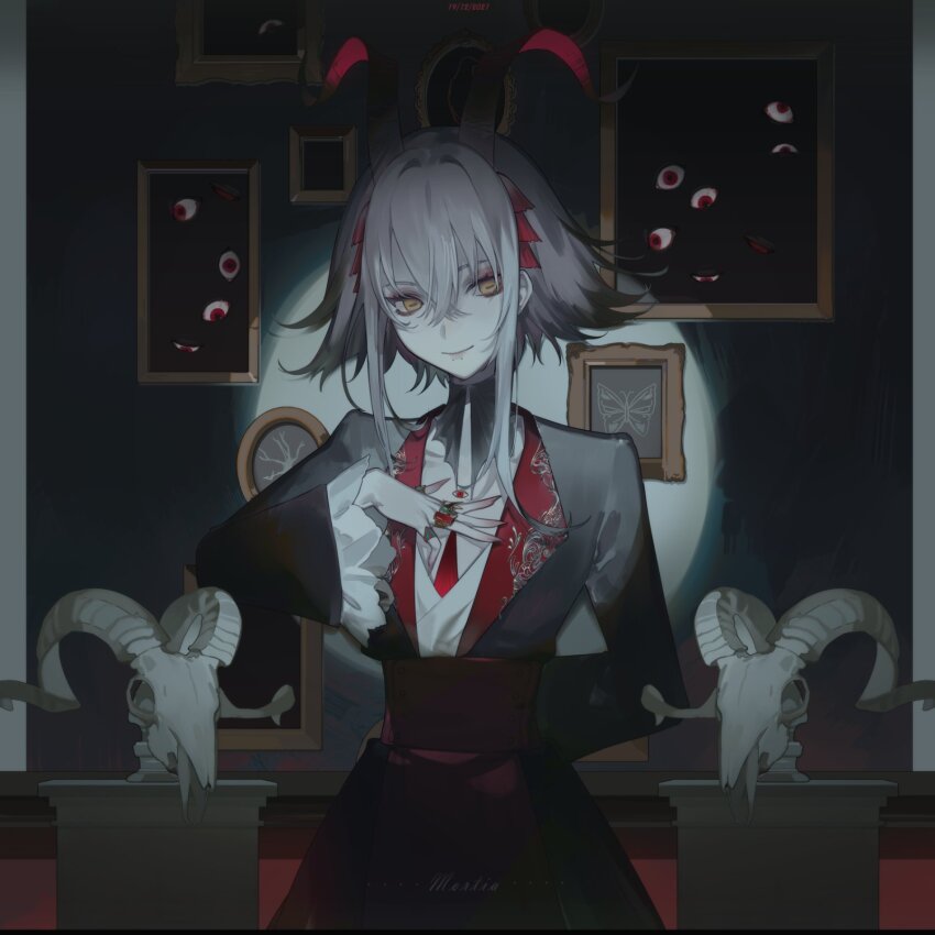 androgynous, blonde_hair, eyeball, frilled_sleeves, frills, grey_hair, highres, jewelry