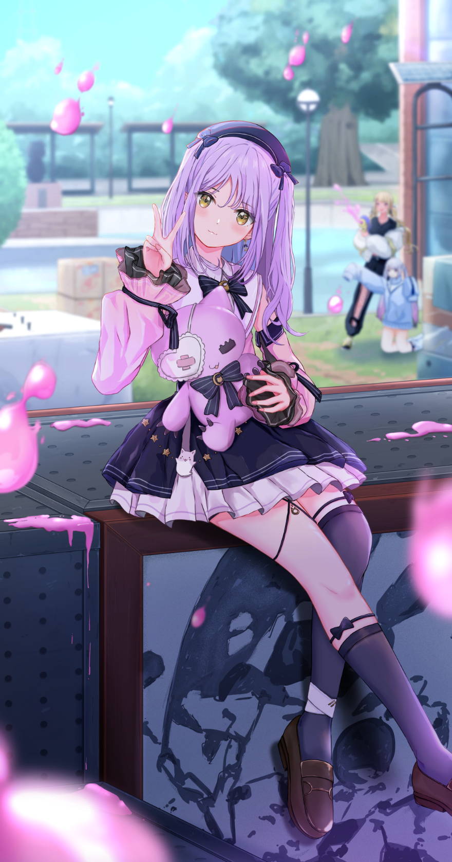 3girls, :3, armband, bandages, black_bow, black_hairband, black_pants, black_shirt