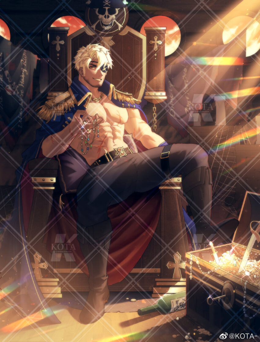1boy, abs, bara, bara_pirate, bare_pectorals, beard, blonde_hair, chair