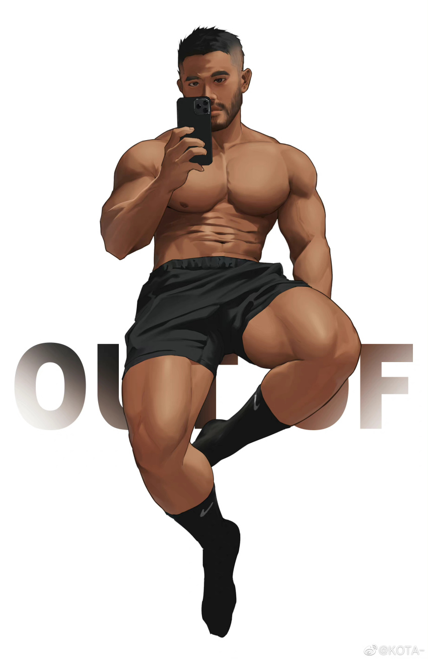 1boy, abs, absurdres, bara, beard, black_hair, black_shorts, dark-skinned_male