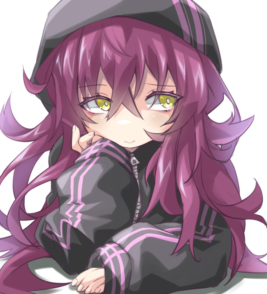1girl, foxxre, green_eyes, hand_on_own_chin, head_rest, hood, hood_up, long_hair
