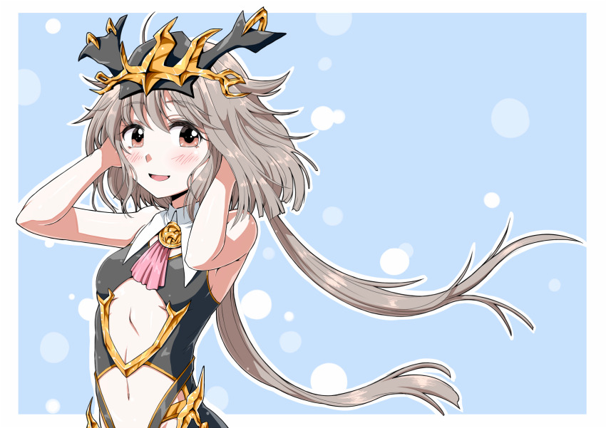 1girl, :d, arm_up, bare_shoulders, blue_background, blush, border, brown_eyes