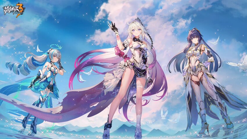 3girls, ahoge, armor, armored_boots, armored_dress, bare_shoulders, bird, black_gloves, blue_dress, blue_eyes, blue_sky, boots, breasts, bronya_zaychik, bronya_zaychik_(herrscher_of_truth), cleavage, cleavage_cutout, clothing_cutout, cloud, cloudy_sky, dove, dress, drill_hair, full_body, gauntlets, gloves, grey_eyes, grey_hair, halo, heiankyo_327, high_heel_boots, high_heels, highres, honkai_(series), honkai_impact_3rd, kiana_kaslana, kiana_kaslana_(herrscher_of_finality), long_hair, looking_at_viewer, medium_breasts, mountainous_horizon, multiple_girls, official_art, outdoors, ponytail, purple_eyes, purple_hair, raiden_mei, raiden_mei_(herrscher_of_origin), sky, small_breasts, standing, very_long_hair, water, white_dress, white_hair