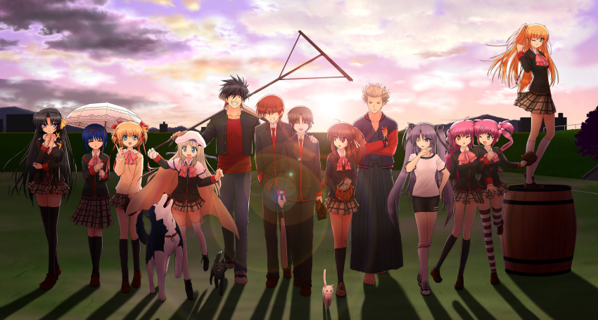 4boys, 6+girls, absurdres, akahige, angel_beats!, barrel, baseball_bat, belka_(little_busters!)