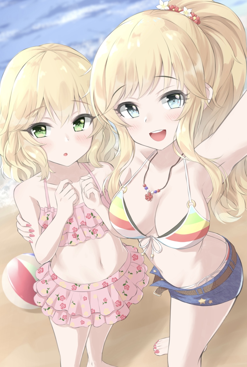 2girls, absurdres, belt, blonde_hair, blue_eyes, breasts, cleavage, flat_chest