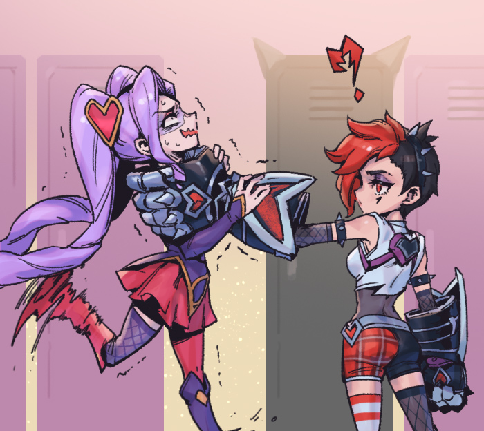 2girls, ?, ass, asymmetrical_legwear, bare_shoulders, black_hair, black_shorts, black_thighhighs