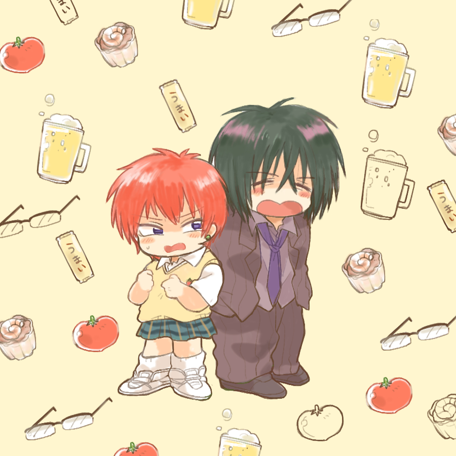 1boy, 1girl, aikawa_maki, air_master, alcohol, asuma64, beer, beer_mug, black_footwear, black_hair, blue_eyes, blue_necktie, blush, chibi, closed_eyes, cup, earrings, food, formal_clothes, fruit, glasses, hands_in_pockets, jewelry, julietta_sakamoto, mug, necktie, open_mouth, plaid_clothes, plaid_skirt, pleated_skirt, school_uniform, shrimp, skirt, socks, suit, sweatdrop, sweater_vest, tomato, tomboy, vest, white_footwear, white_socks