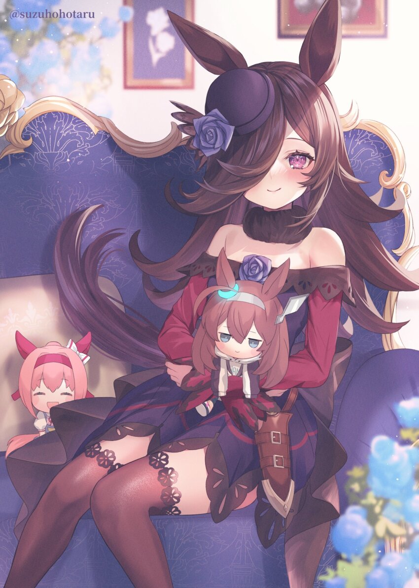 1girl, animal_ears, brown_hair, brown_thighhighs, chair, character_doll, closed_mouth, couch, doll, dress, feet_out_of_frame, hair_over_one_eye, haru_urara_(casual)_(umamusume), haru_urara_(umamusume), hat, highres, holding, holding_doll, horse_ears, horse_girl, light_blush, long_hair, long_sleeves, looking_at_viewer, mihono_bourbon_(casual)_(umamusume), mihono_bourbon_(umamusume), mini_hat, off-shoulder_dress, off_shoulder, on_chair, one_eye_covered, purple_eyes, rice_shower_(rosy_dreams)_(umamusume), rice_shower_(umamusume), sitting, solo, suzuho_hotaru, thighhighs, twitter_username, umamusume