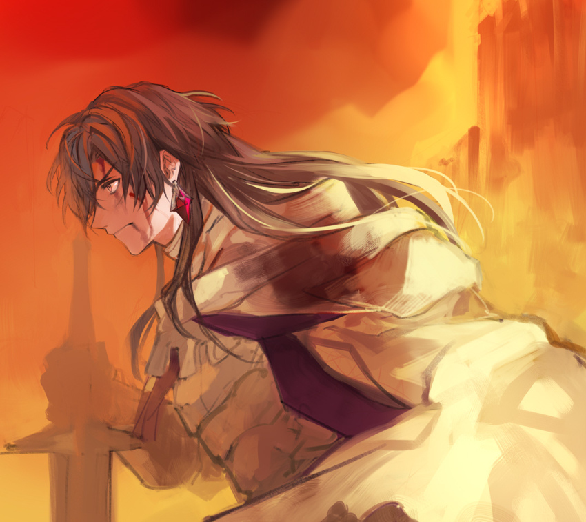 1boy, armor, black_hair, blood, blood_from_mouth, blood_on_clothes, blood_on_face, cloak