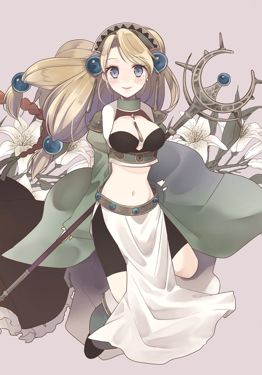 1girl, atelier_(series), atelier_marie, black_shorts, blonde_hair, blue_eyes, breasts, cleavage, closed_mouth, flower, hair_ornament, hairband, highres, kuromame_(honey_728), large_breasts, loincloth, long_hair, long_sleeves, looking_at_viewer, low-tied_long_hair, midriff, navel, shorts, simple_background, smile, solo, sphere_hair_ornament, staff