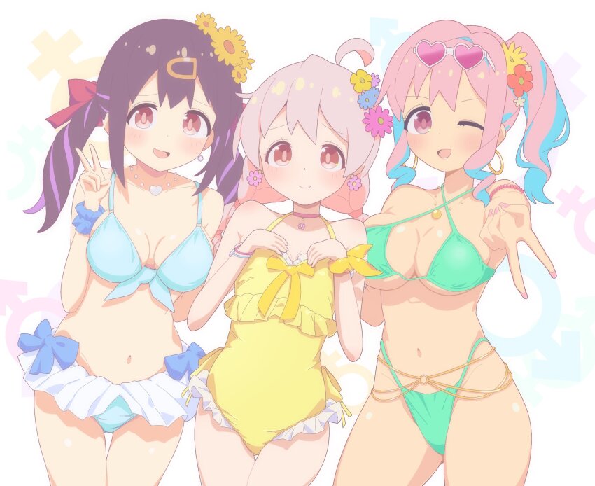 3girls, :d, ;d, ahoge, bare_arms, bare_shoulders, bikini, bikini_skirt