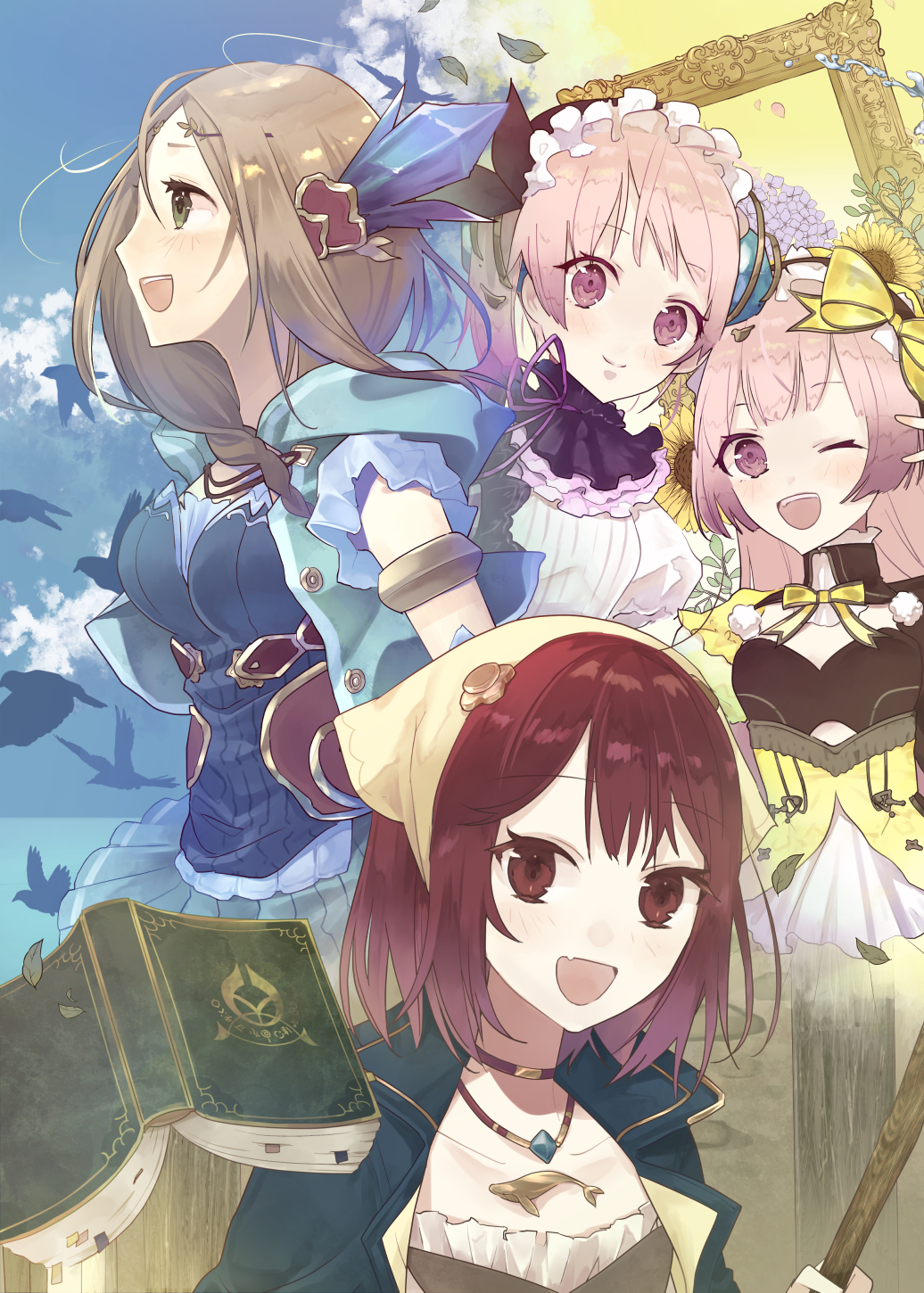 4girls, :d, atelier_(series), atelier_firis, atelier_lydie_&amp;_suelle, atelier_sophie, bird, blue_sky