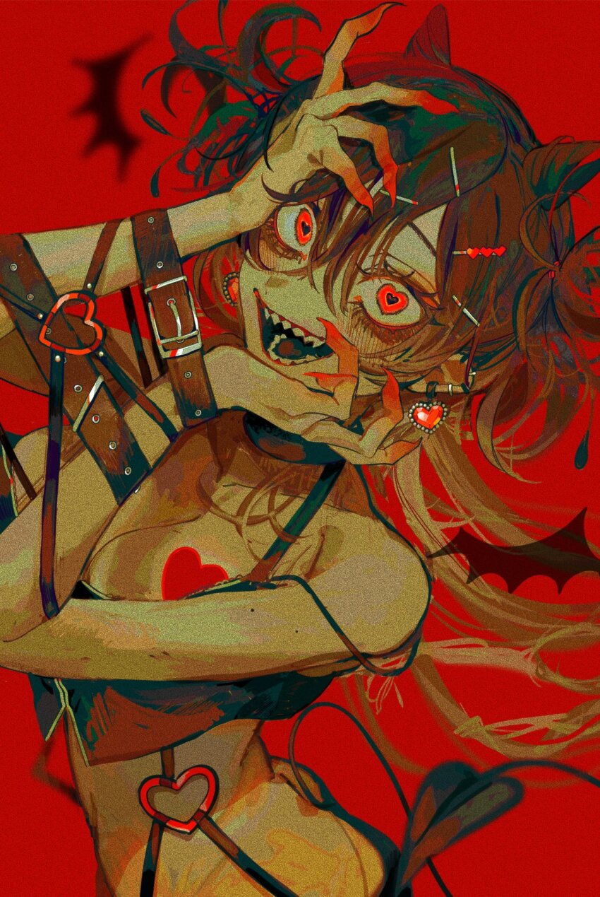 1girl, bat_wings, bdsm, bondage, bound, brown_hair, crazy_eyes, crazy_smile, demon_tail, double_bun, earrings, gem, hair_bun, heart, heart-shaped_pupils, heart_earrings, heart_o-ring, highres, jewelry, kuroume_(aihikarikuroume24), looking_at_viewer, o-ring, open_mouth, original, red_background, red_eyes, red_gem, sharp_teeth, smile, solo, symbol-shaped_pupils, tail, teeth, wings