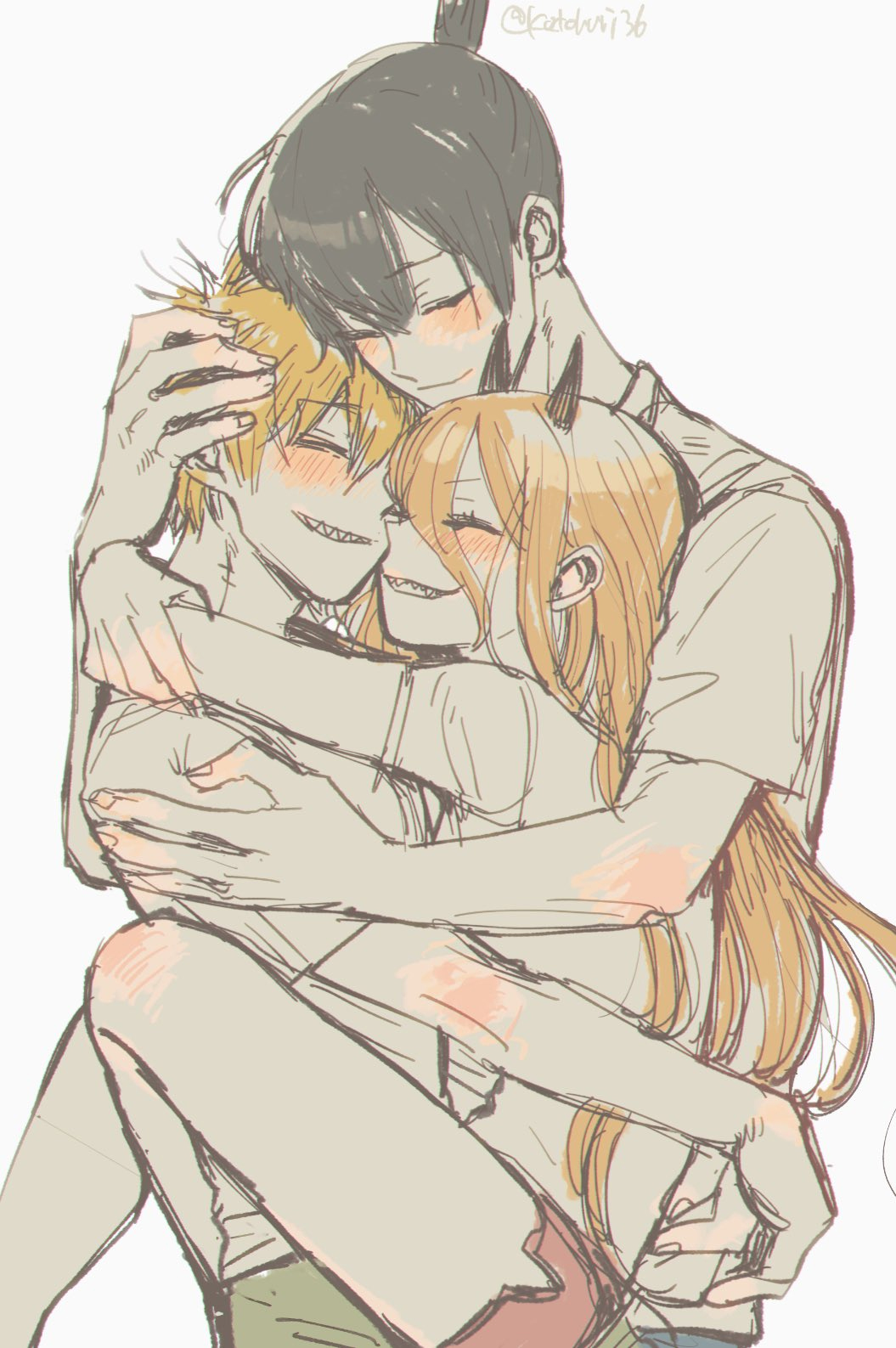 1girl, 2boys, black_hair, blonde_hair, blush, chainsaw_man, closed_eyes, commentary_request, demon_horns, denji_(chainsaw_man), fangs, hayakawa_aki, headpat, highres, horns, hug, leg_lock, multiple_boys, mutual_hug, power_(chainsaw_man), sarasara, smile, twitter_username