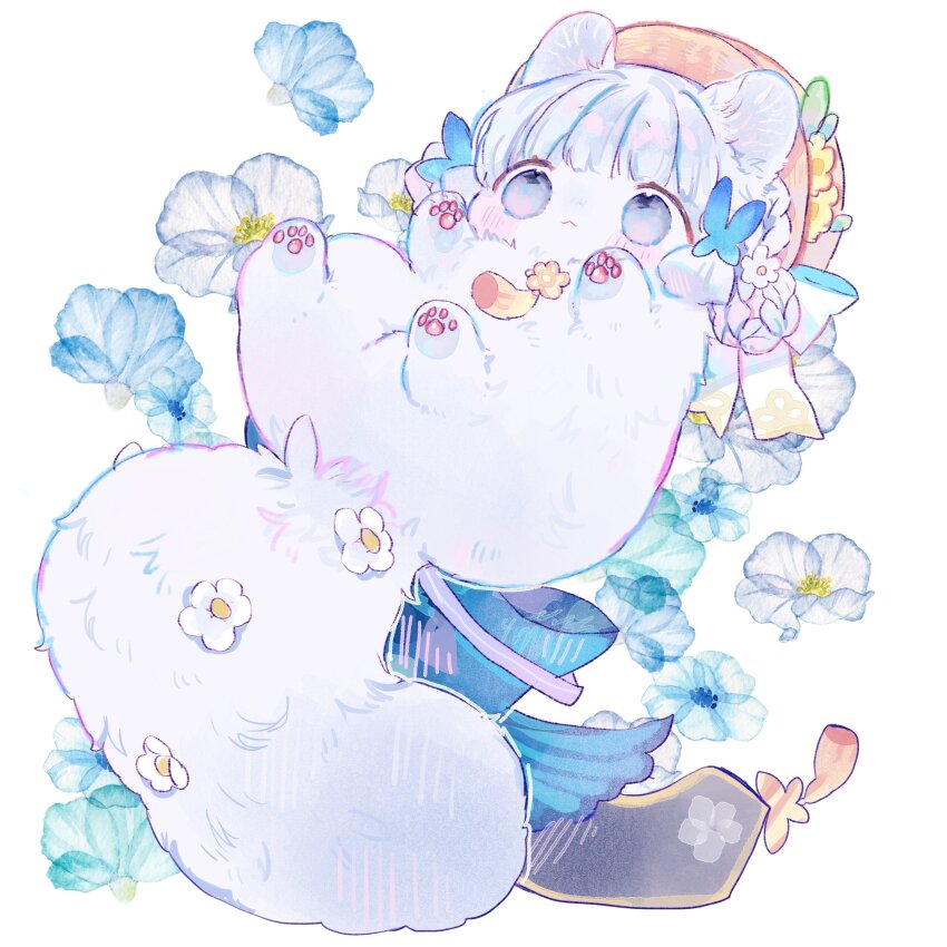 1girl, :<, absurdres, animal_hands, animalization, ayaka_(genshin_impact), blue_cat, blue_flower