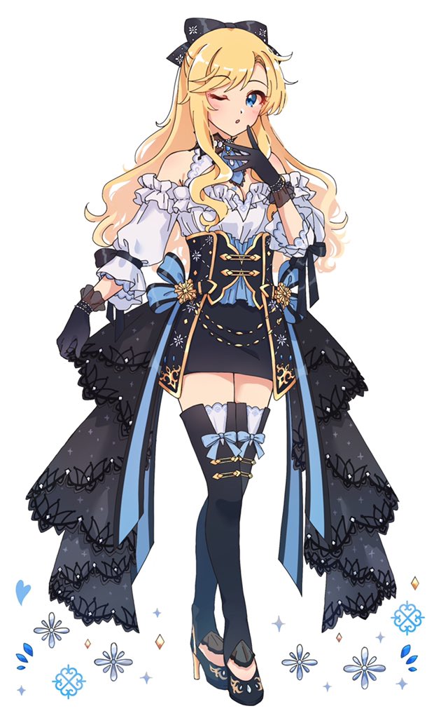 1girl, black_bow, black_gloves, black_skirt, black_thighhighs, blonde_hair, blue_eyes, bow