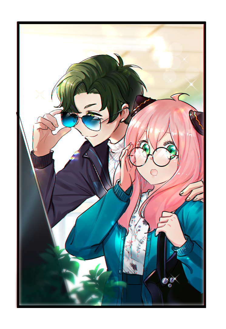 1boy, 1girl, adjusting_eyewear, aged_up, anya_(spy_x_family), arm_around_neck, bag, black_jacket