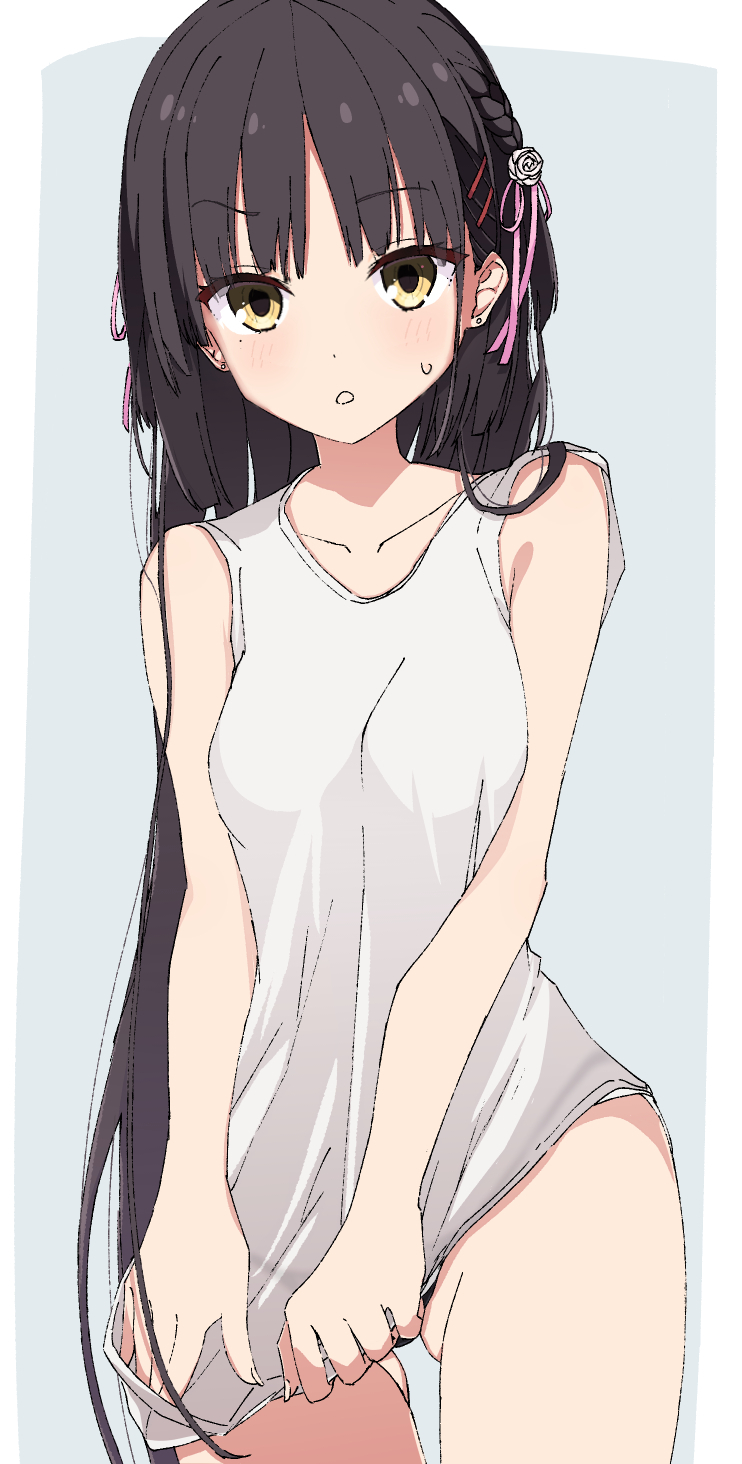 1girl, black_panties, blonde_hair, blush, braid, breasts, cafe_stella_to_shinigami_no_chou, chestnut_mouth, collarbone, commentary, covering_privates, covering_crotch, flower, furrowed_brow, gluteal_fold, hair_flower, hair_ornament, hair_over_shoulder, hair_ribbon, hairclip, highres, blue_background, long_hair, looking_at_viewer, medium_breasts, mole, mole_under_eye, okaeru, panties, pink_ribbon, ribbon, rose, shiki_natsume, shirt, side_braid, sidelocks, simple_background, sleeveless, sleeveless_shirt, solo, standing, straight_hair, sweatdrop, thigh_gap, underwear, very_long_hair, white_flower, white_rose, white_shirt, yellow_eyes, yuzusoft