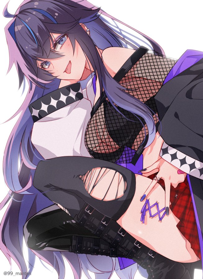 1girl, ahoge, bandaid, bandaid_on_hand, black_boots, black_bra, black_hair, black_hoodie, black_nails, black_pants, black_thighhighs, blue_hair, blue_nails, boots, bra, breasts, cleavage, ear_piercing, fishnet_top, fishnets, half-skirt, hood, hoodie, kson, kson_(goth), large_breasts, long_hair, long_sleeves, looking_at_viewer, miniskirt, mole, mole_under_eye, multicolored_hair, multicolored_nails, n_gyou, nail_polish, open_clothes, open_hoodie, pants, piercing, purple_hair, purple_nails, red_skirt, skirt, smile, streaked_hair, thighhighs, tongue, tongue_out, tongue_piercing, torn_clothes, torn_thighhighs, two-tone_hoodie, underwear, virtual_youtuber, vshojo, white_hoodie