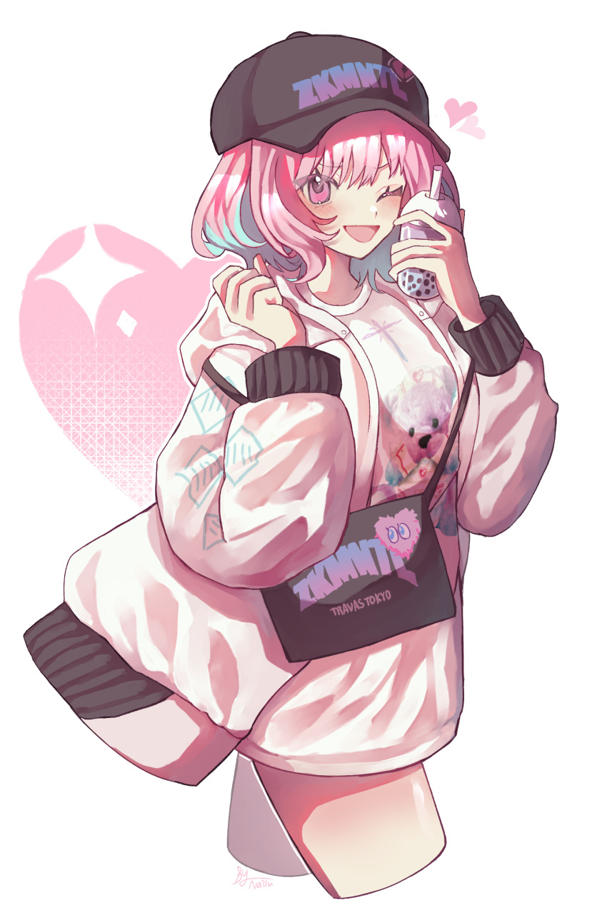 1girl, animal_print, aqua_hair, artist_name, bag, baseball_cap, bear_print, black_hat