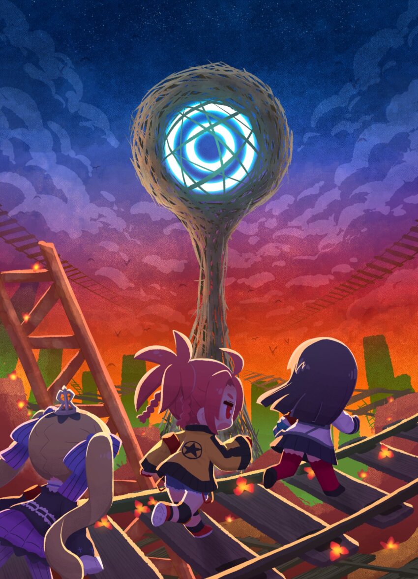 3girls, 7th_dragon_(series), 7th_dragon_2020, :o, black_footwear, black_hair, black_jacket, black_skirt