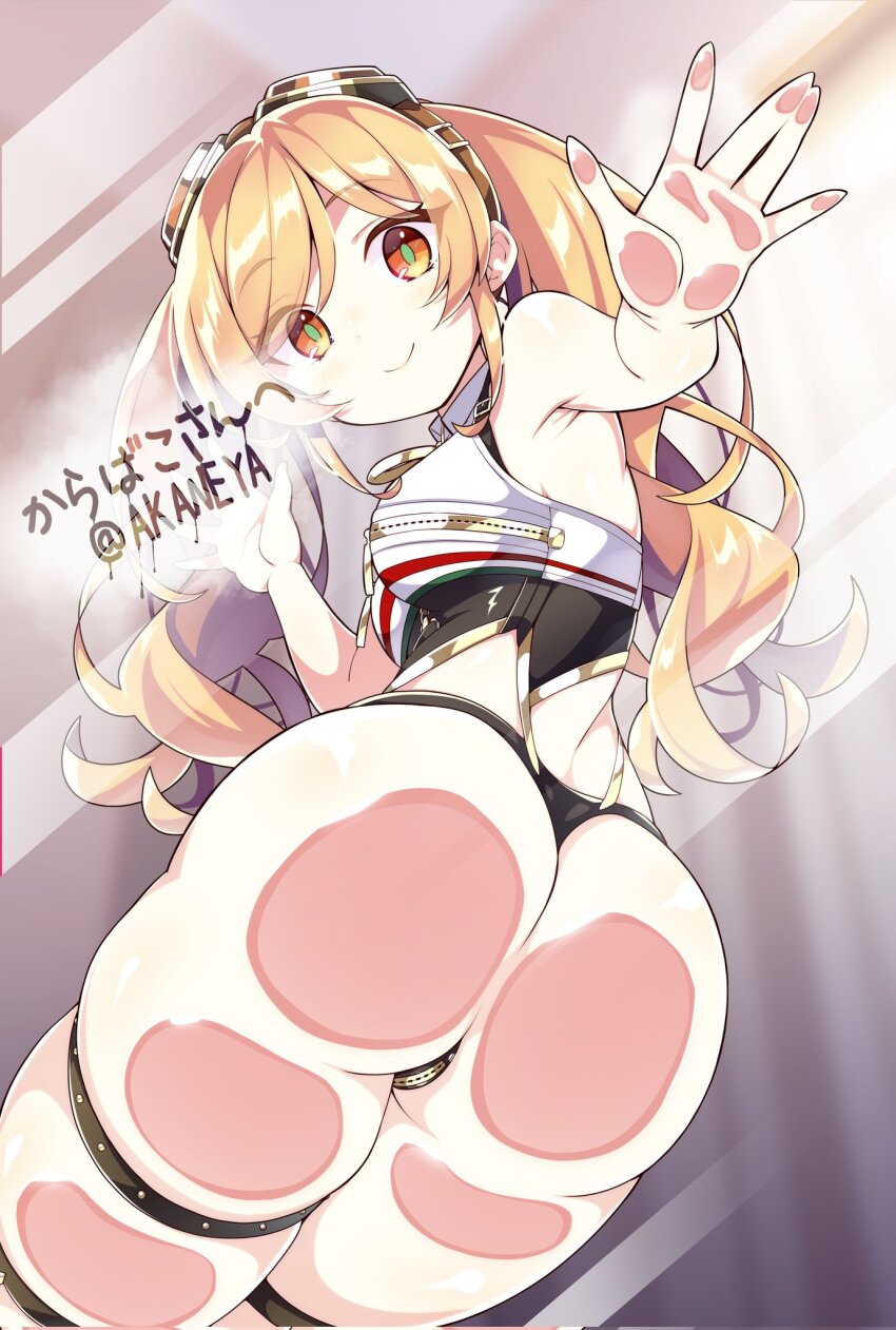 1girl, against_glass, akaneya, armpits, artist_name, ass, ass_focus, ass_on_glass, ass_press, azur_lane, blonde_hair, breast_zipper, breasts, commentary_request, commission, crotch_zipper, from_below, goggles, goggles_on_head, green_eyes, hand_on_glass, highres, huge_ass, leonardo_da_vinci_(azur_lane), long_hair, looking_at_viewer, medium_breasts, multicolored_eyes, off_shoulder, orange_eyes, panties, revealing_clothes, second-party_source, skeb_commission, smile, solo, swept_bangs, thigh_strap, thighs, thong, twintails, twitter_username, underwear, wide_hips, zipper, zipper_pull_tab