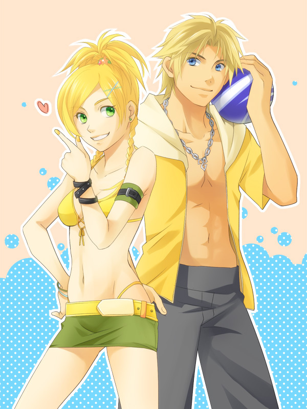 00s, 1boy, 1girl, armband, bare_shoulders, bikini, bikini_top_only, blonde_hair