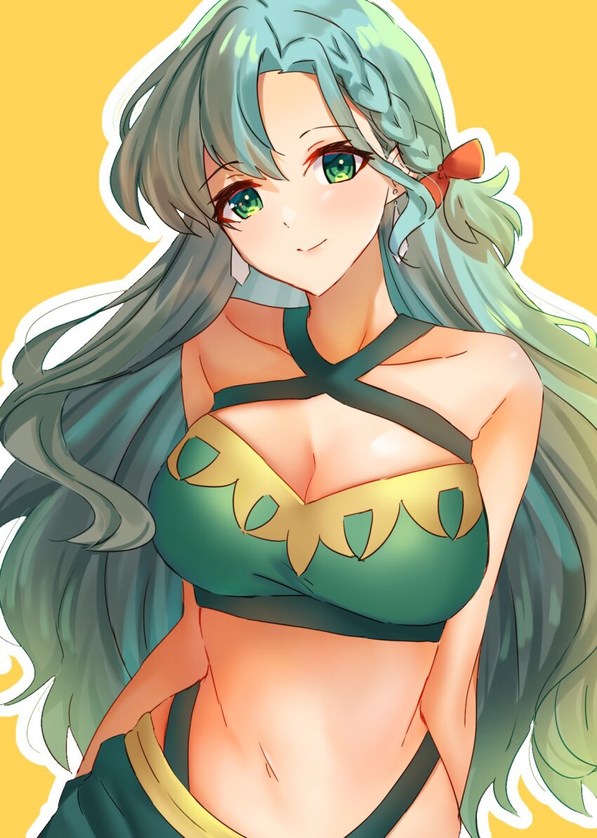 1girl, alternate_costume, aqua_hair, bare_shoulders, bikini, chloe_(fire_emblem), collarbone, commentary, criss-cross_halter, edamameoka, fire_emblem, fire_emblem_engage, green_bikini, green_eyes, halterneck, head_tilt, highres, long_hair, looking_at_viewer, navel, nintendo, outline, simple_background, smile, solo, stomach, swimsuit, upper_body, very_long_hair, white_outline, yellow_background