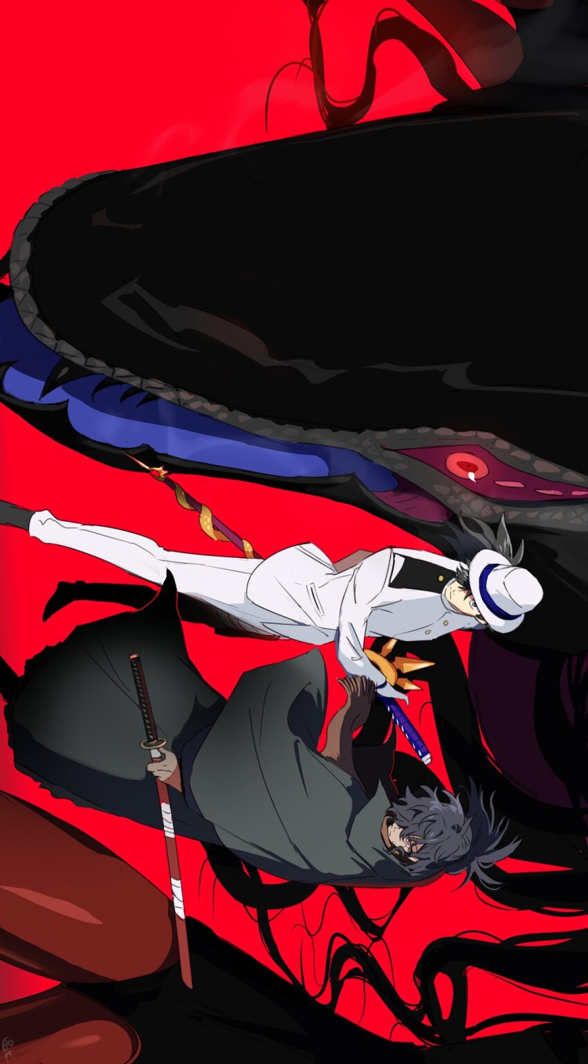 2boys, black_cape, black_eyes, black_footwear, black_hakama, brown_scarf, cape, claws