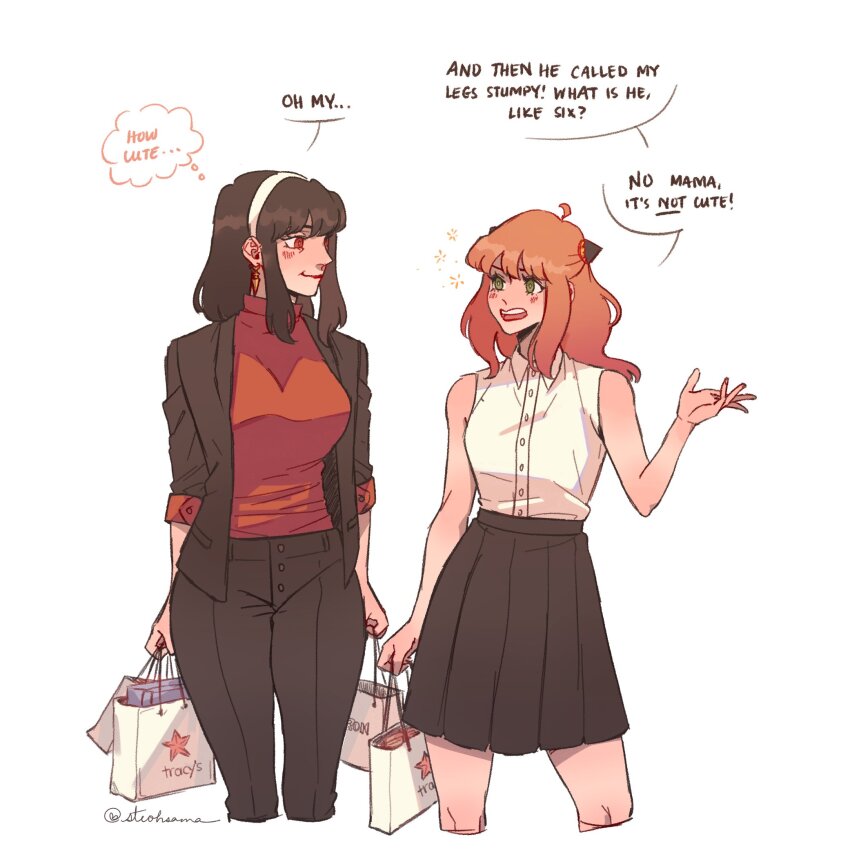 2girls, adoptive_parent_and_adoptive_child, aged_up, ahoge, anya_(spy_x_family), bag, black_hair, blush, commentary, earrings, english_commentary, english_text, green_eyes, hairband, hairpods, highres, holding, holding_bag, jewelry, looking_at_another, mother_and_child, mother_and_daughter, multiple_girls, open_mouth, parent_and_child, pink_hair, red_eyes, red_shirt, shirt, shopping_bag, signature, skirt, sleeveless, sleeveless_shirt, smile, speech_bubble, spy_x_family, steohsama, talking, teeth, thought_bubble, turtleneck, upper_teeth_only, white_background, yor_briar