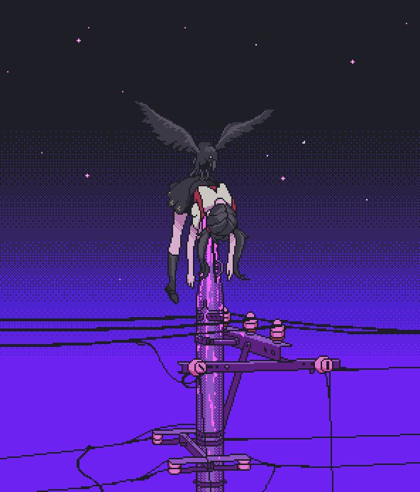 1girl, ame-chan_(needy_girl_overdose), bird, black_footwear, black_hair, black_skirt, black_socks, blood, collar, collared_shirt, crow, death, eencya, full_body, impaled, jirai_kei, medium_hair, needy_girl_overdose, night, pink_blood, pixel_art, power_lines, red_shirt, scene_reference, shirt, skirt, sky, socks, star_(sky), tajuu-jinkaku_tantei_saiko, twintails, utility_pole, white_collar