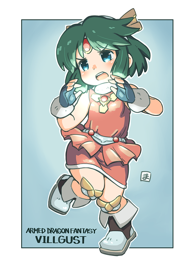 1girl, blue_background, blue_gloves, boots, border, circlet, copyright_name, dress