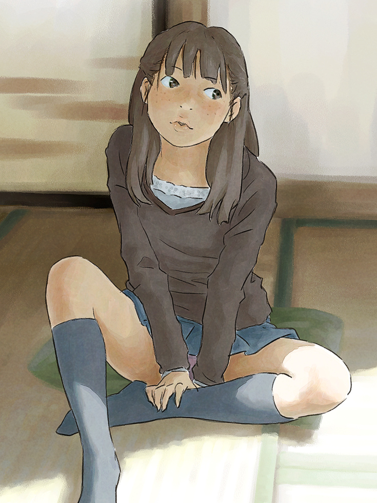 1girl, brown_eyes, brown_hair, female_focus, freckles, indoors, lips, original, panties, pantyshot, sitting, skirt, socks, solo, tnt_(aaaazzzz), underwear